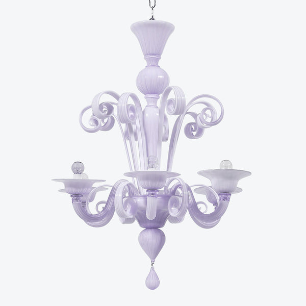 Exquisite purple glass chandelier with intricate, symmetrical design and elegance.