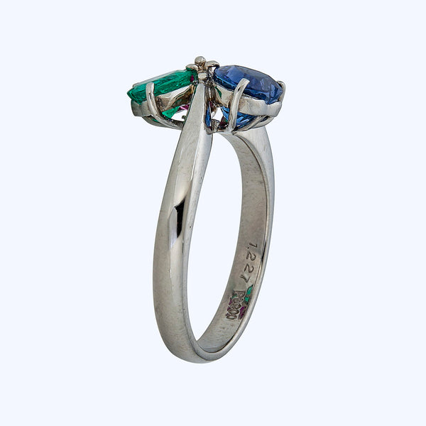 Platinum heart-shaped sapphire, ruby and emerald ring