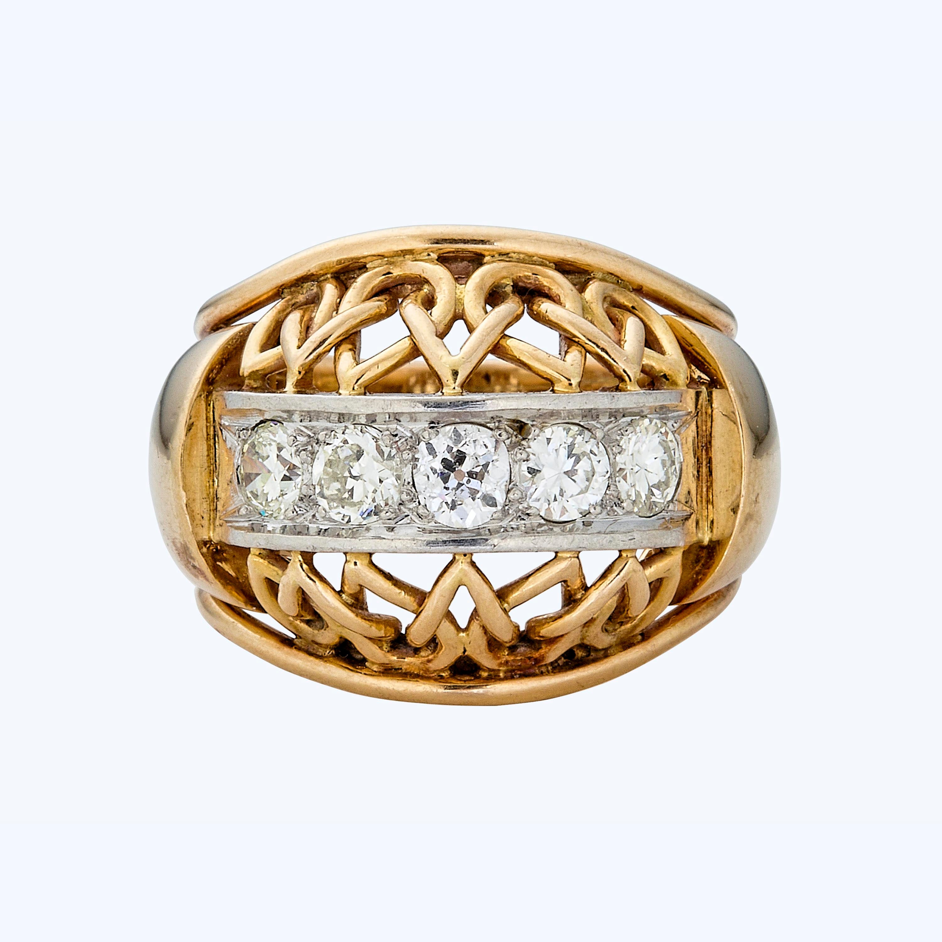 1950s French gold and diamond filigree ring