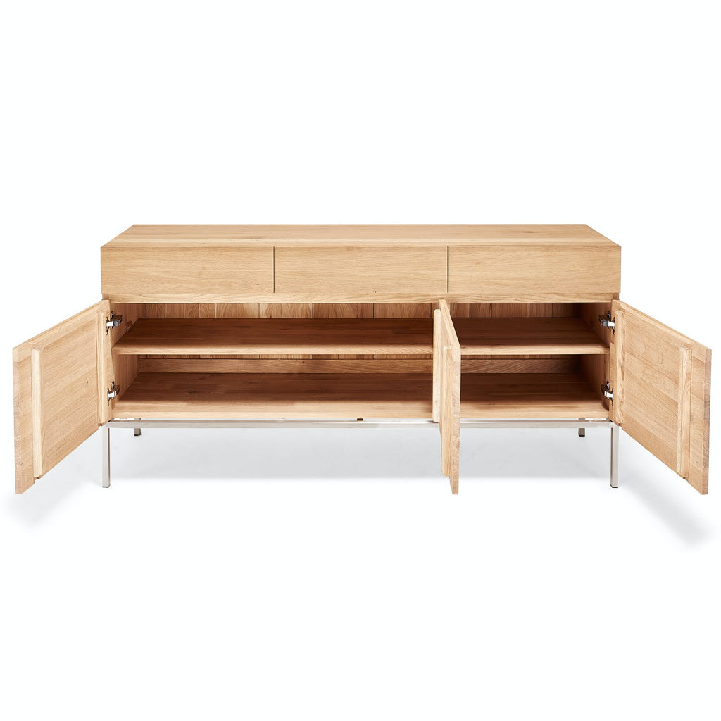 Modern wooden TV stand with open storage and sleek design.