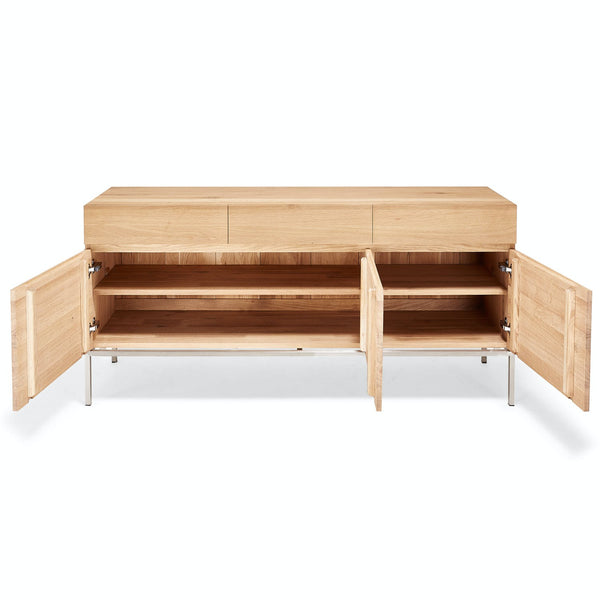 Modern wooden TV stand with open storage and sleek design.