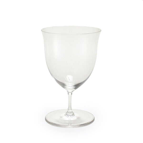 Transparent wine goblet on white background, devoid of color and contents.