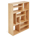 Contemporary wooden bookshelf with asymmetrical design and versatile light finish.