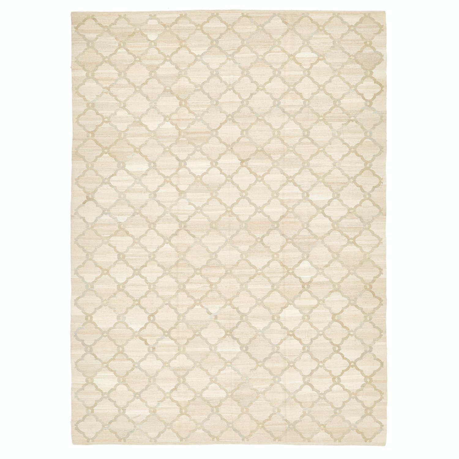 Geometric rug with neutral tones and borderless design showcased elegantly.