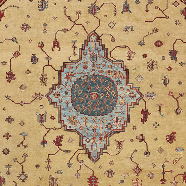 Intricately designed rug featuring a combination of geometric and floral motifs.