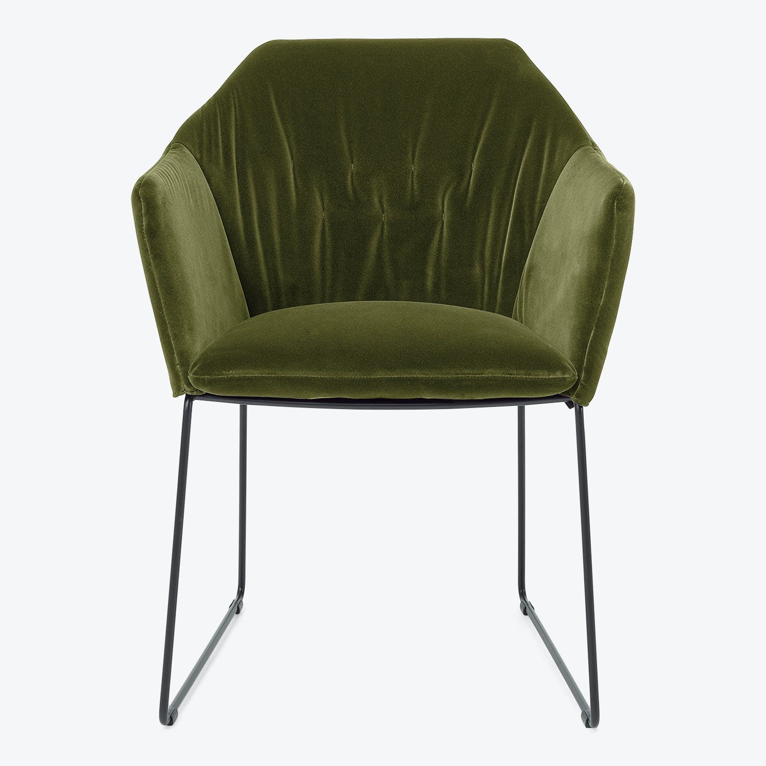 Modern armchair with sleek design, olive green velvet upholstery.