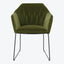 Modern armchair with sleek design, olive green velvet upholstery.