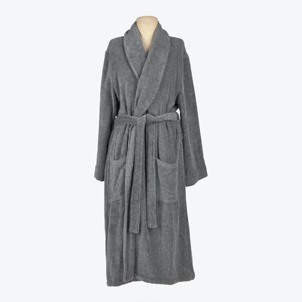 Soft and fluffy gray bathrobe with shawl collar and pockets.