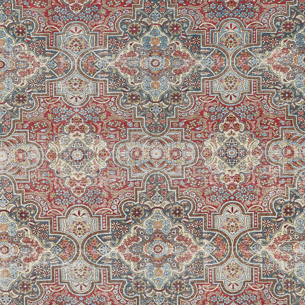 Intricate and symmetrical Persian carpet with floral and geometric motifs.