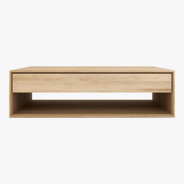 Modern wooden coffee table with storage shelf and sleek design.