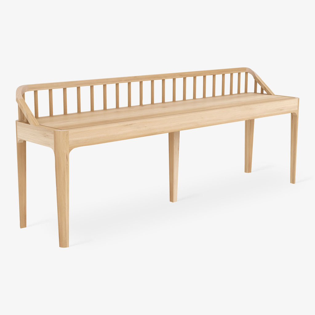 Simple and modern wooden bench with clean lines and slatted backrest.