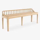 Simple and modern wooden bench with clean lines and slatted backrest.