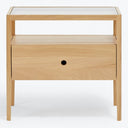 Modern wooden nightstand with clean lines and minimalist design.