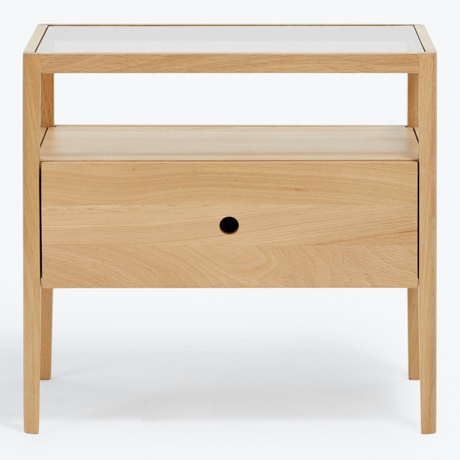 Modern wooden nightstand with clean lines and minimalist design.