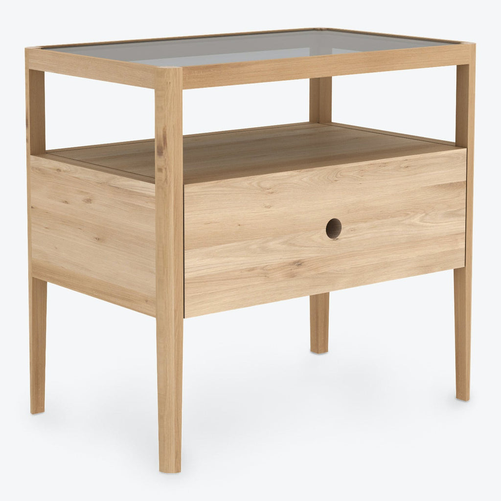 Minimalist wooden side table with glass insert and storage drawer