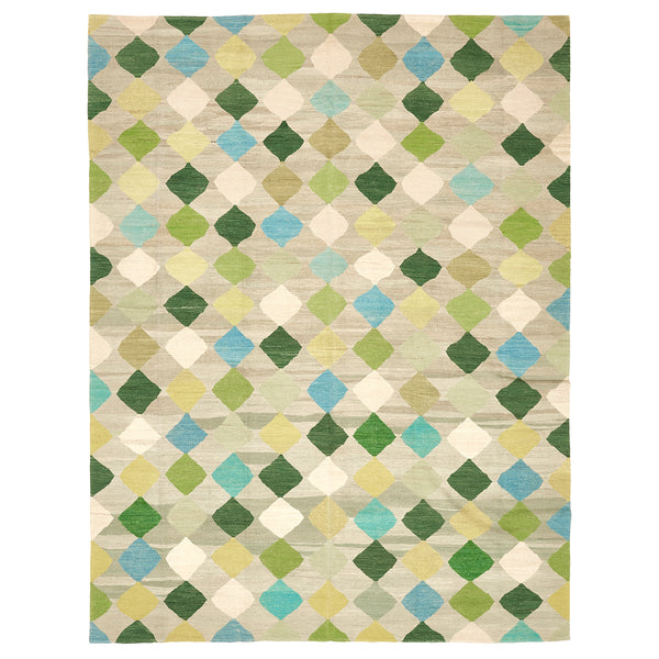 Geometric diamond patterned rug with vibrant colors in a lattice design