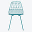 Sleek, turquoise wireframe chair with minimalist design for indoor/outdoor seating.