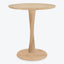 Contemporary round wooden table with minimalist design and sturdy construction.