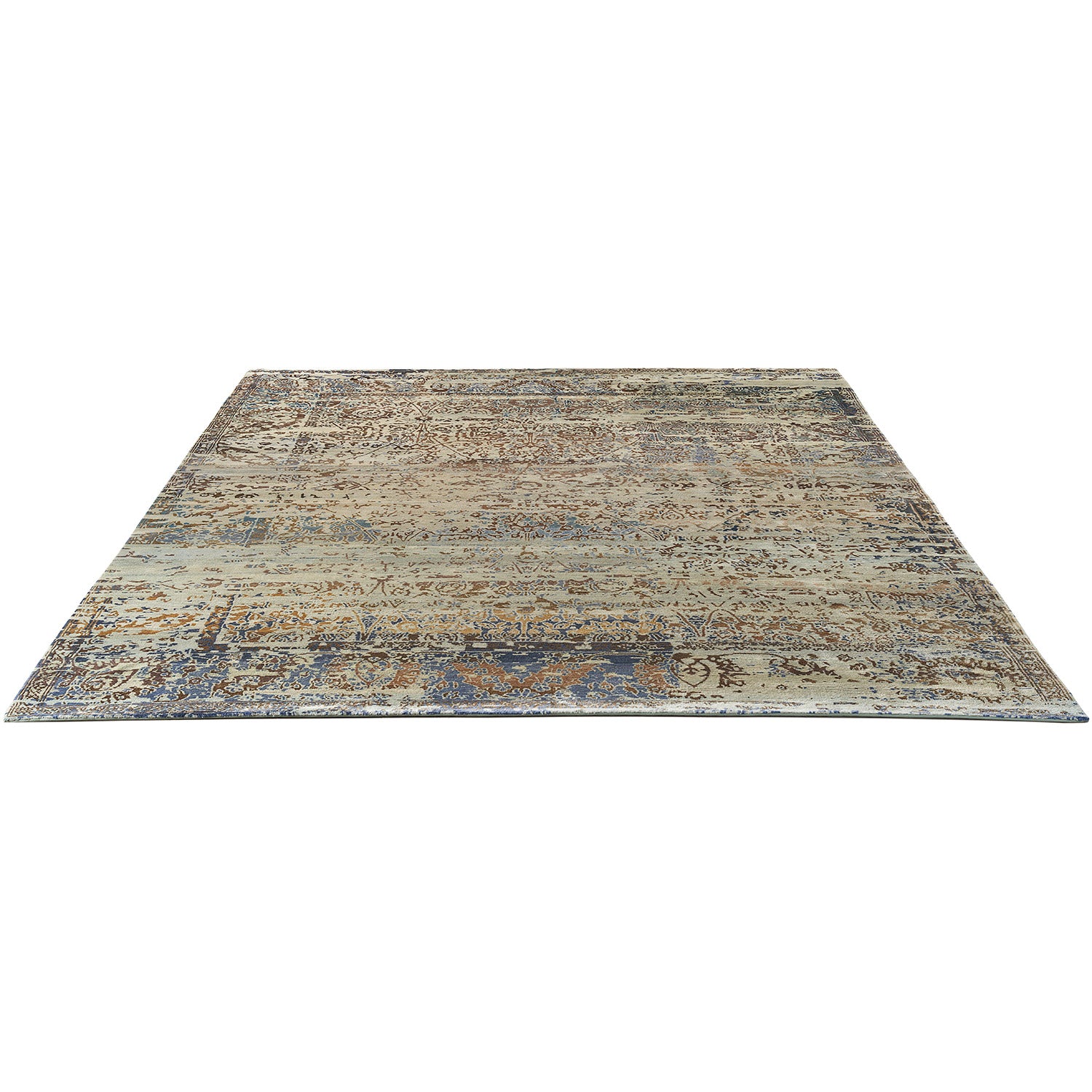 Intricate vintage rug with distressed look complements any decor style.