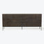 Dark finished credenza with intricate geometric patterns and metal legs.