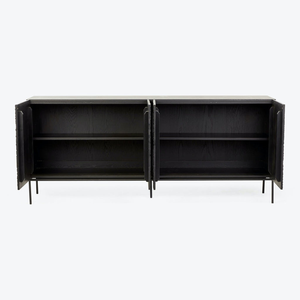 Contemporary black wood sideboard with metal legs and symmetrical design.