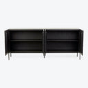 Contemporary black wood sideboard with metal legs and symmetrical design.