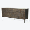 Modern sideboard with intricate geometric patterns and minimalist metal frame.
