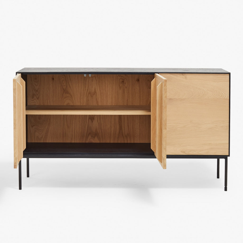 Contemporary credenza with clean design and minimalist black metal legs.