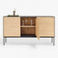 Minimalist wooden sideboard with metal legs and glass display.