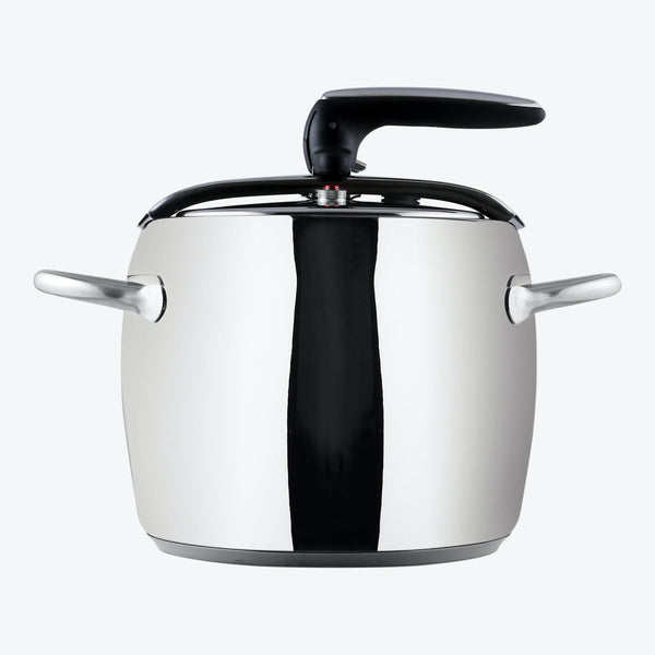 Modern stainless steel pressure cooker with safety features and handles.