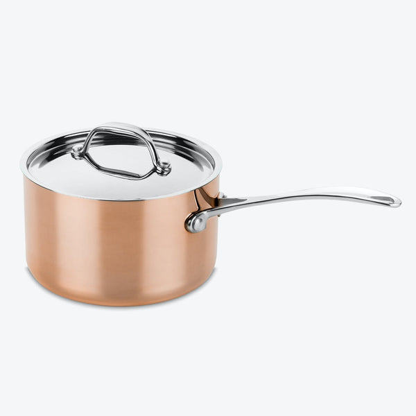 High-quality copper saucepan with stainless steel handle and lid.