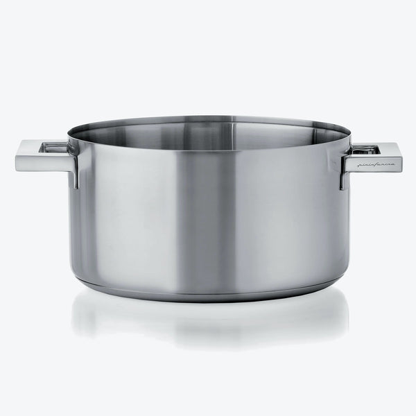 Stainless steel cooking pot with polished surface and square handles.