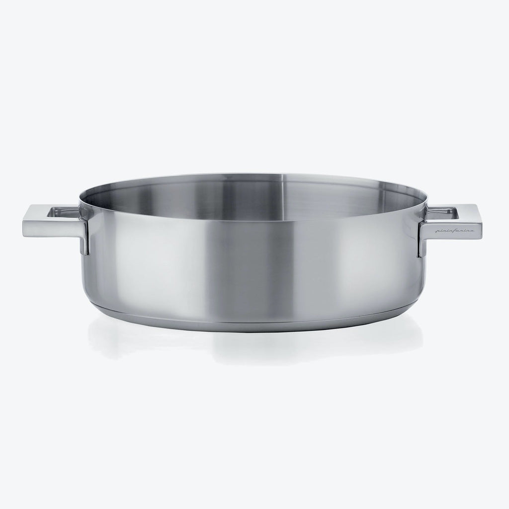 Stainless steel saute pan with polished finish and dual handles.