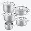 A set of shiny, new stainless steel cookware with modern design.