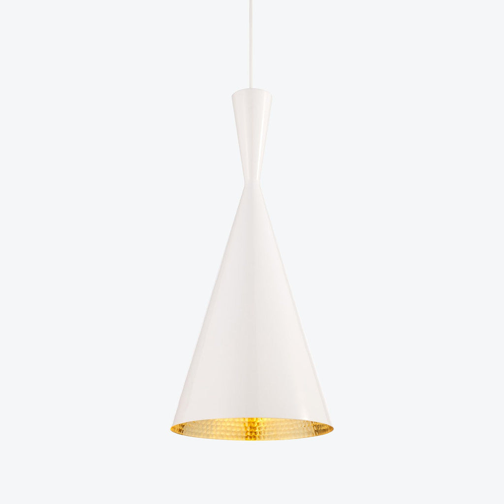 Modern pendant light with minimalist design; white color blends seamlessly.