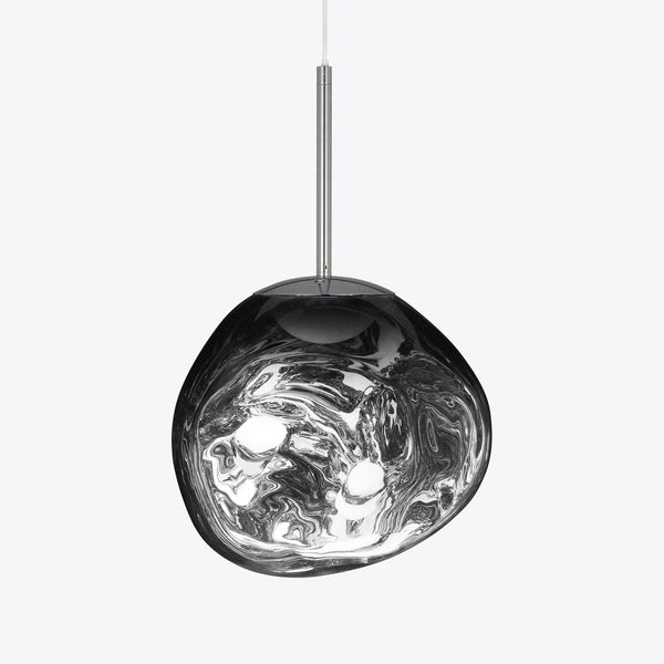 Modern pendant light with metallic finish and distorted reflections.