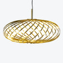 Futuristic pendant light with golden finish adds elegance to interiors.