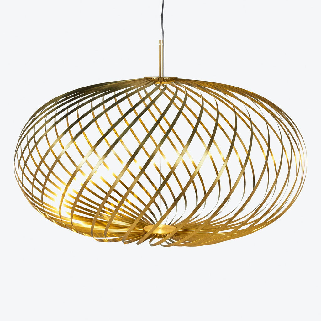 Distinctive gold pendant light with intersecting metallic strips and patterned effect.