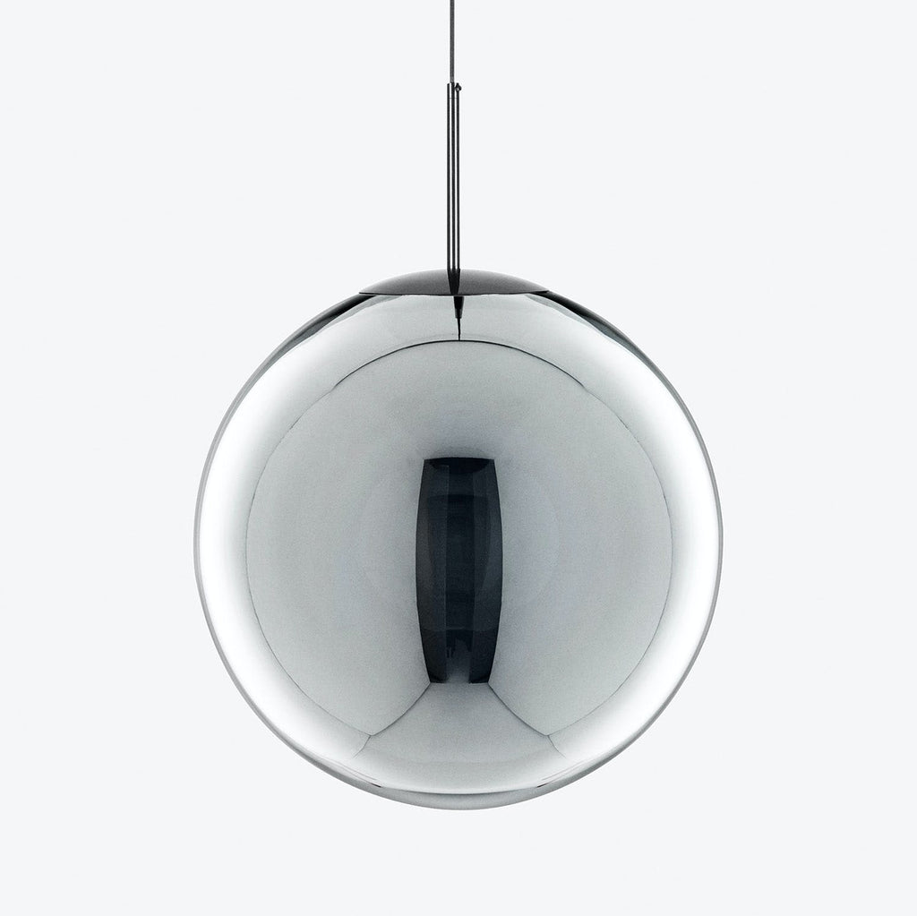 Sleek and modern pendant light fixture with reflective metallic surface.