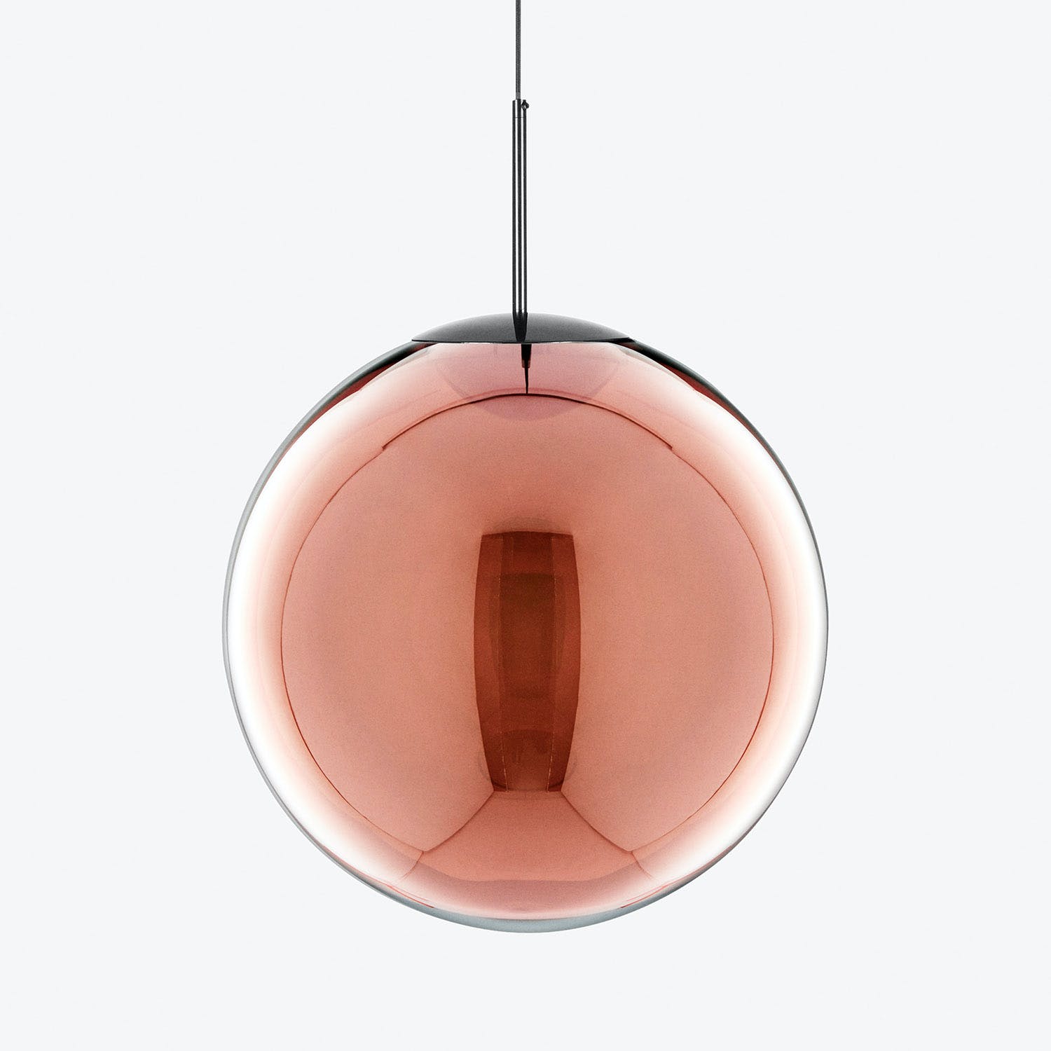Contemporary pendant light with mirrored sphere and geometric aesthetic.