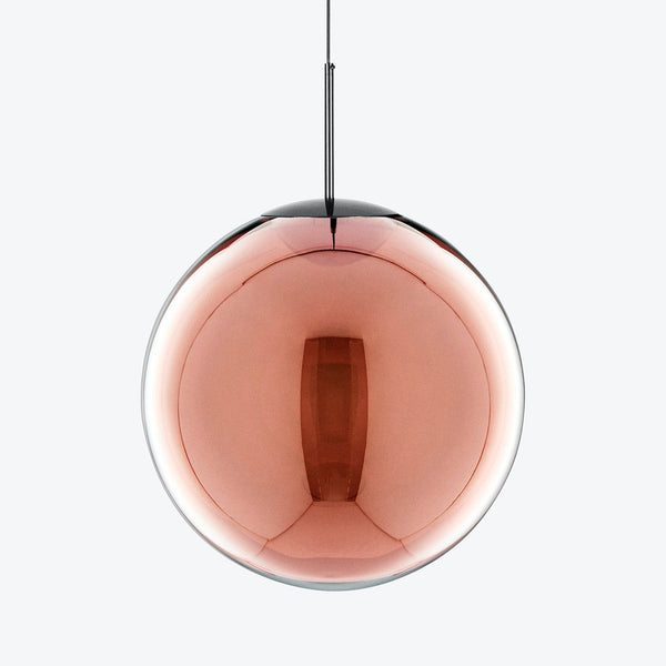 Contemporary pendant light with mirrored sphere and geometric aesthetic.