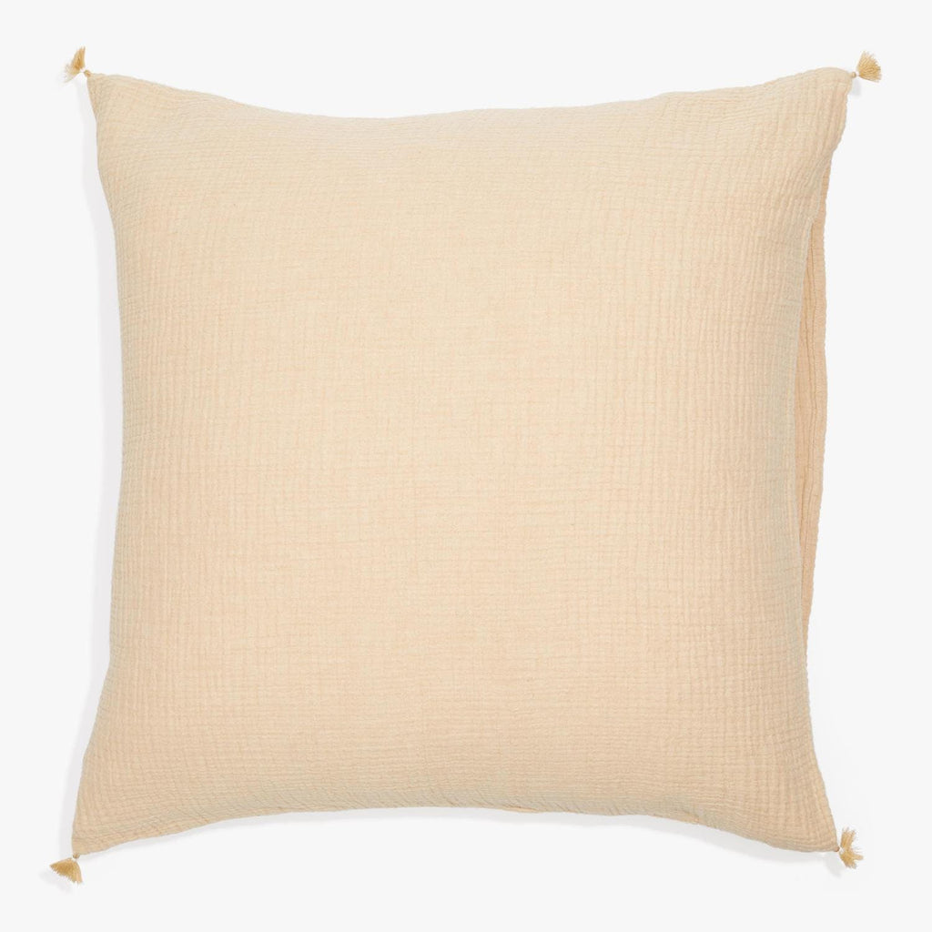 Plain, light-colored cushion with tassels in a neutral design.