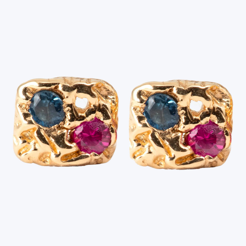 Handmade gold-toned earrings with blue and pink gemstone embellishments