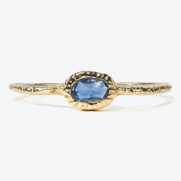 Elegant gold ring with bezel-set blue gemstone, textured frame.