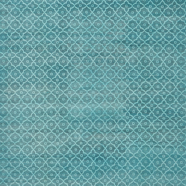 Repetitive geometric pattern in teal, with intricate diamond motifs inside.