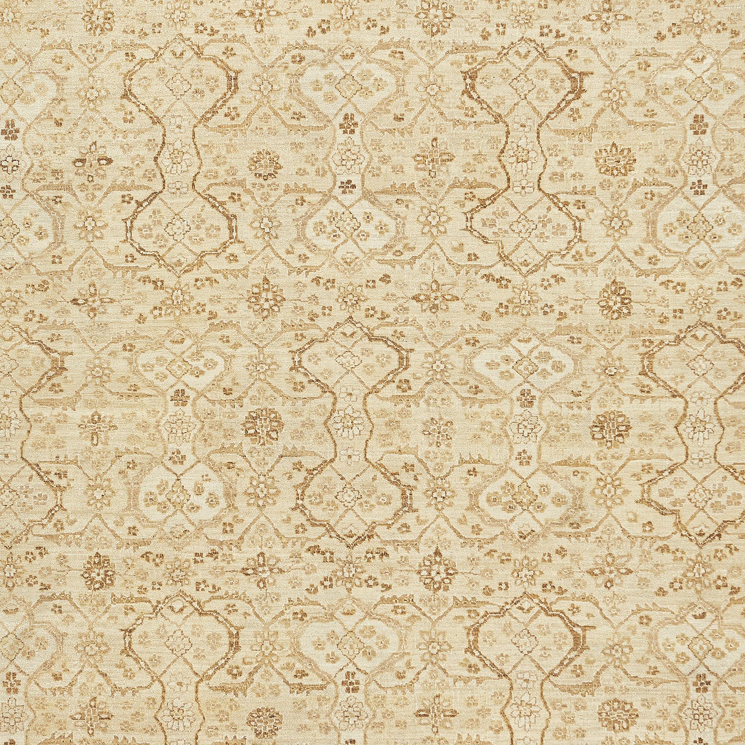 Detailed, symmetrical carpet pattern in earthy tones with floral motifs.