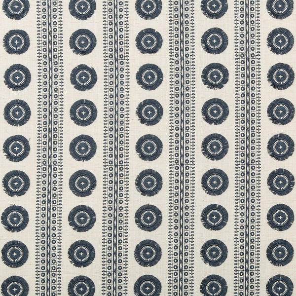 Symmetrical, geometric fabric with circular motifs and linear patterns.