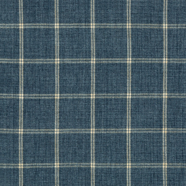 Patterned fabric with a navy plaid design, featuring intersecting lines.