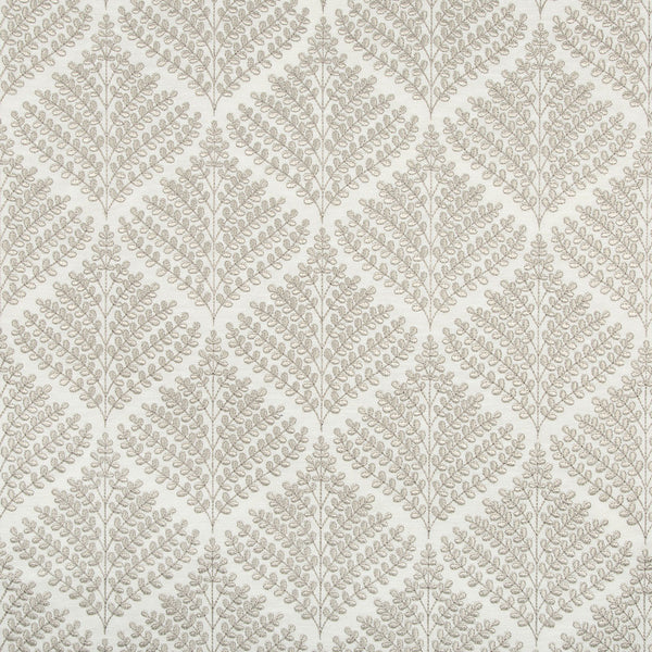 Symmetrical botanical fern frond pattern in calming gray on cream.