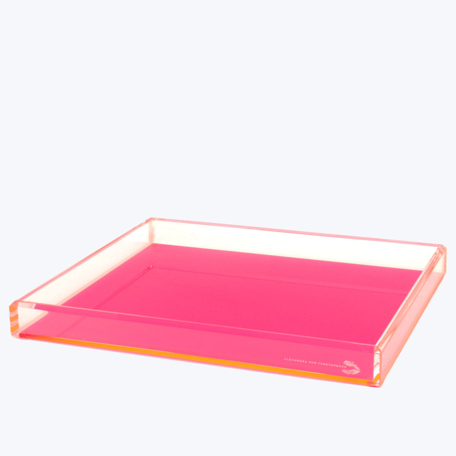 Vibrant rectangular tray with pink base and orange tinted sides.